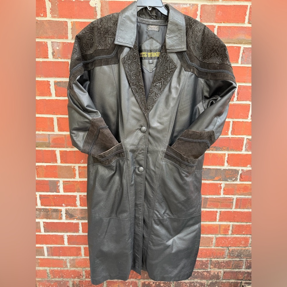 Vintage 80’s Fitz Wright 2X Black Leather 2 Button Trench Coat Suede Accents M2